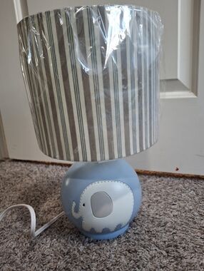 Lambs & Ivy Blue Elephant Nursery Table Lamp with Striped Shade